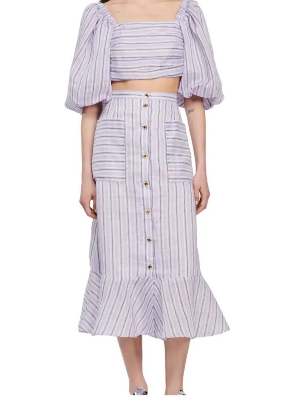 Sandro Lavender Stripe Button-Front Midi Skirt